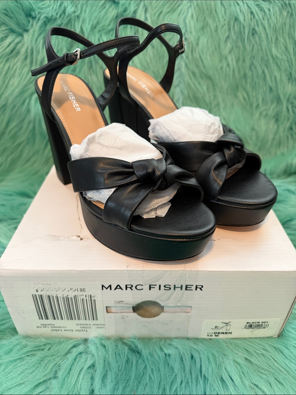 NIB Marc Fisher Black Knotted Leather Platform Sandals Women’s 10
